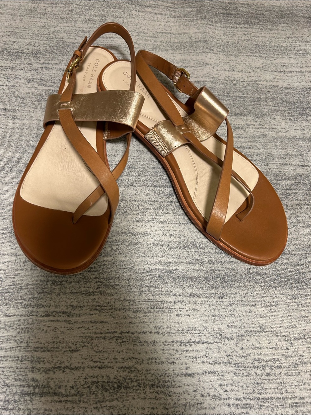 Cole Haan Tan and Gold Leather Cross-Strap Slingback Sandals